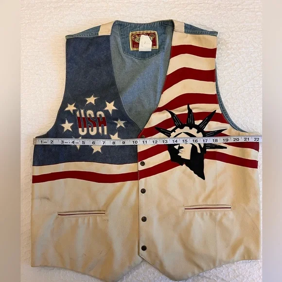 Vintage USA Jean & Leather Vest – Size XL | Statue of Liberty & Stars Design - Picture 8 of 9